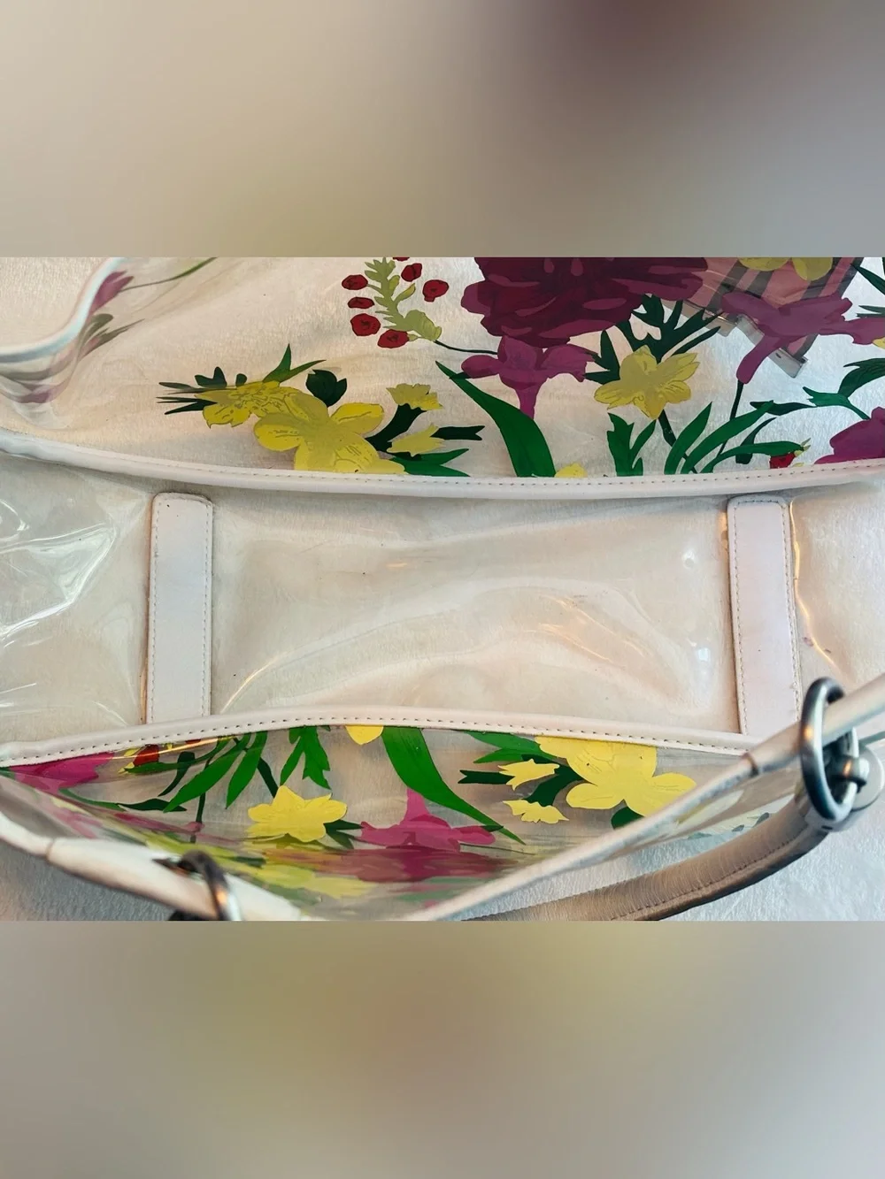 Vintage Y2K Clear Floral Polyvinyl Tote with Leather Handles by Laundry Shelli S